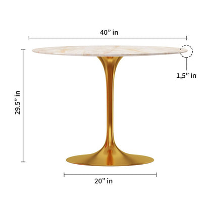 40" White And Gold Rounded Stone And Metal Pedestal Base Dining Table HomeRoots