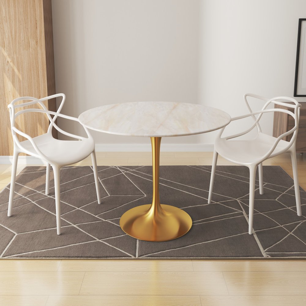 40" White And Gold Rounded Stone And Metal Pedestal Base Dining Table HomeRoots