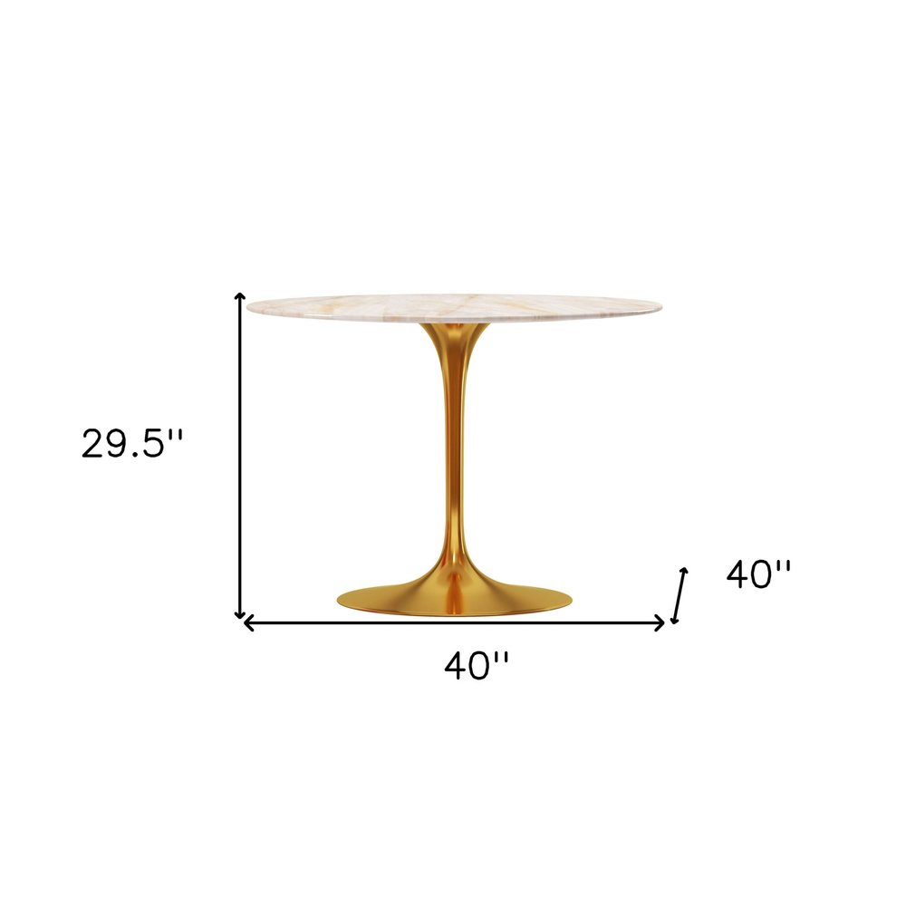 40" White And Gold Rounded Stone And Metal Pedestal Base Dining Table HomeRoots
