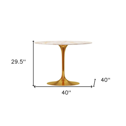 40" White And Gold Rounded Stone And Metal Pedestal Base Dining Table HomeRoots