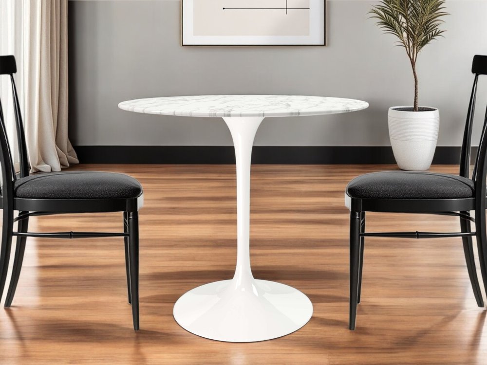 32" White Rounded Marble And Metal Pedestal Base Dining Table HomeRoots