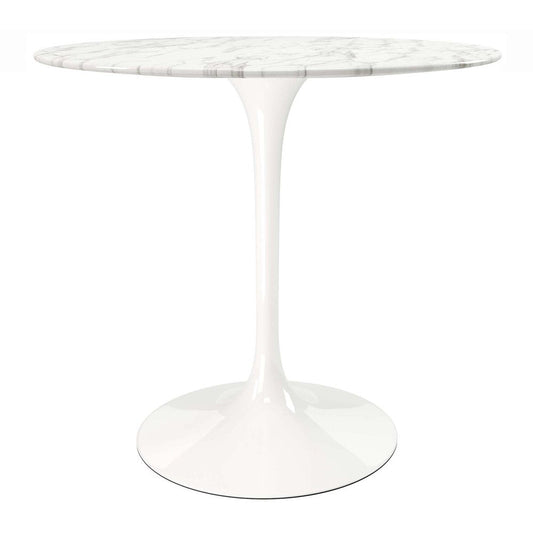 32" White Rounded Marble And Metal Pedestal Base Dining Table HomeRoots