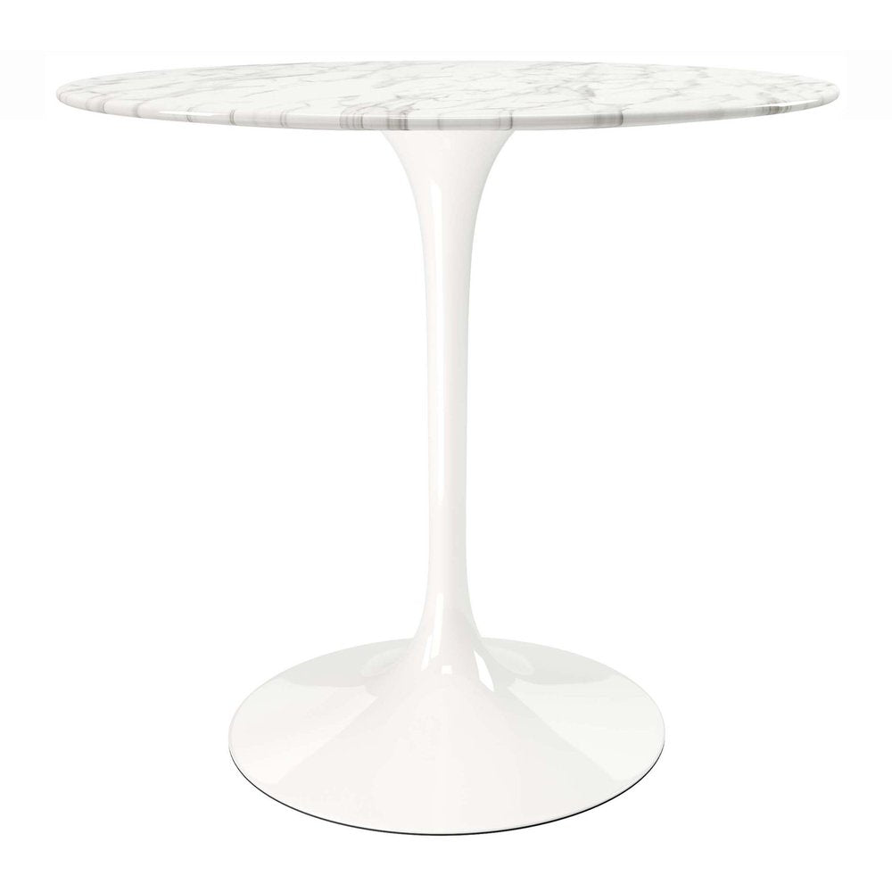 32" White Rounded Marble And Metal Pedestal Base Dining Table HomeRoots
