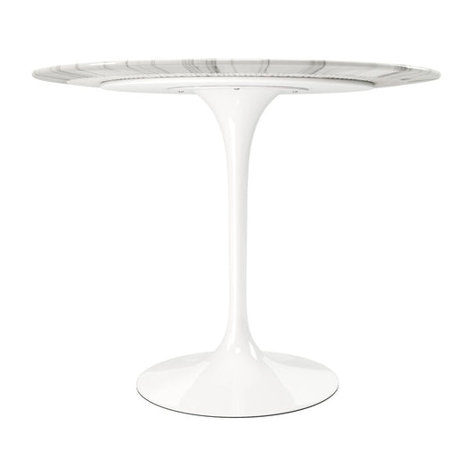 32" White Rounded Marble And Metal Pedestal Base Dining Table HomeRoots