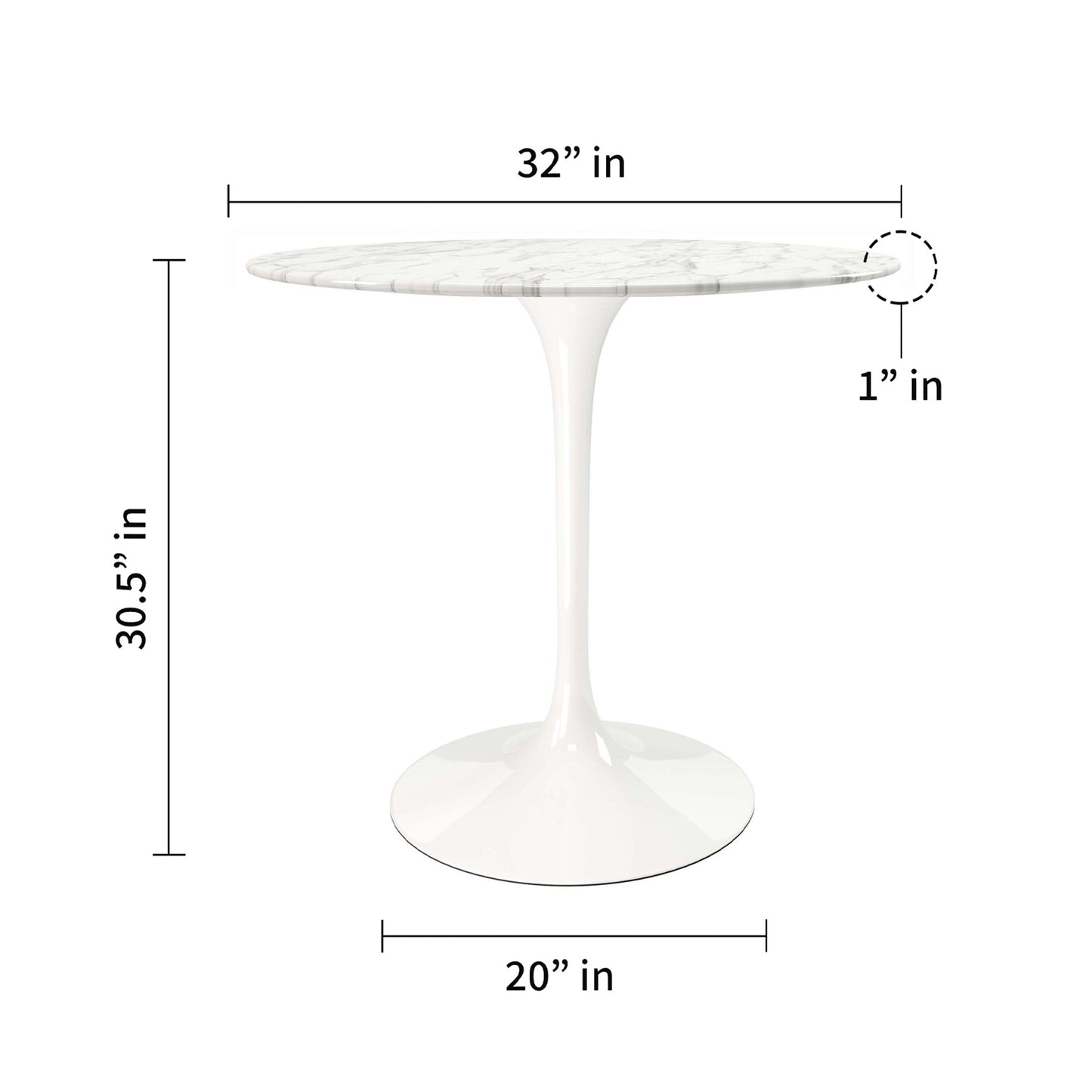 32" White Rounded Marble And Metal Pedestal Base Dining Table