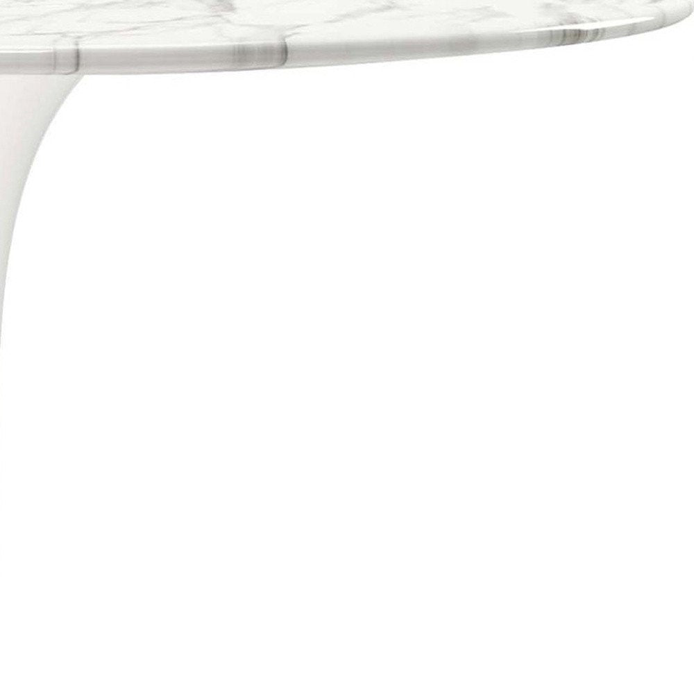 32" White Rounded Marble And Metal Pedestal Base Dining Table HomeRoots