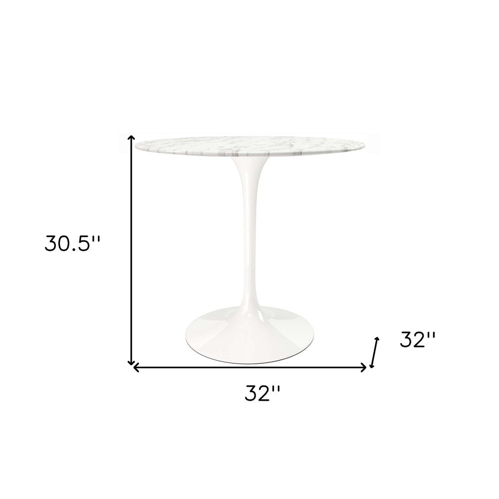 32" White Rounded Marble And Metal Pedestal Base Dining Table HomeRoots