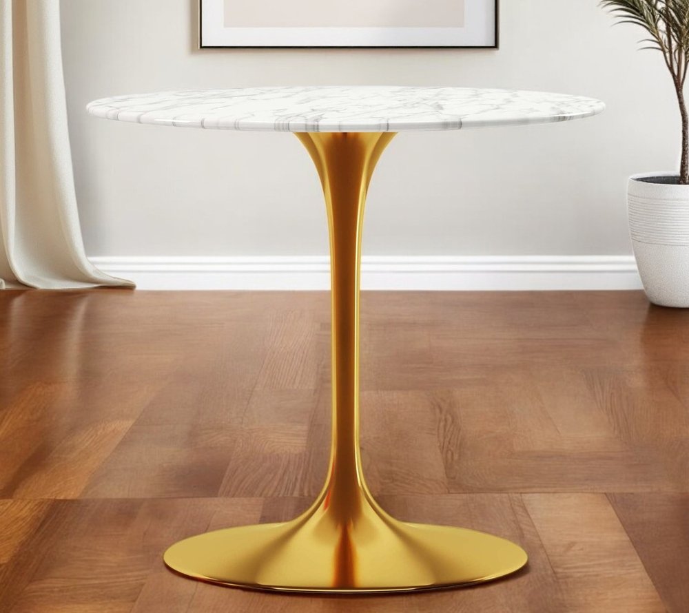 32" White And Gold Marble And Metal Dining Table HomeRoots