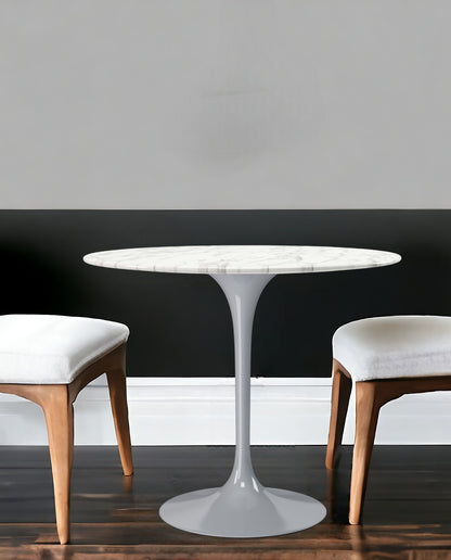 32" White And Gray Rounded Stone And Metal Pedestal Base Dining Table