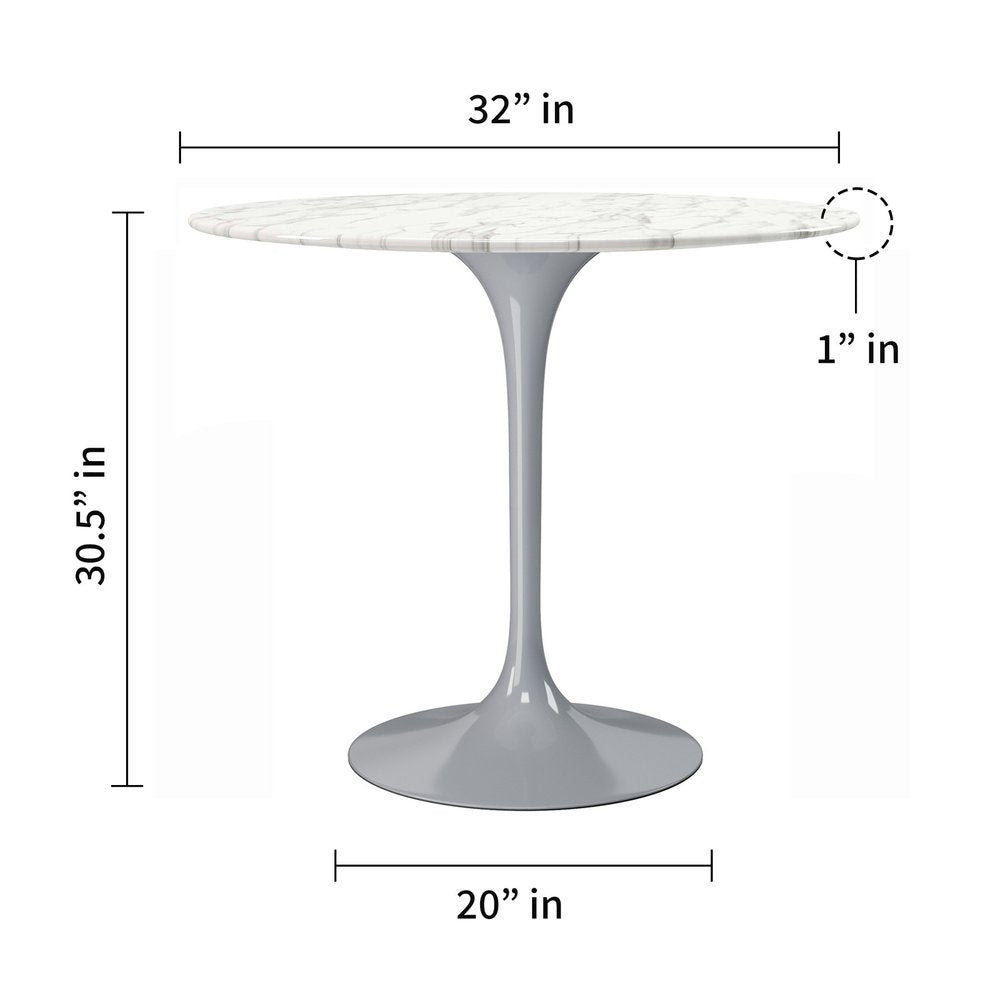32" White And Gray Rounded Stone And Metal Pedestal Base Dining Table HomeRoots