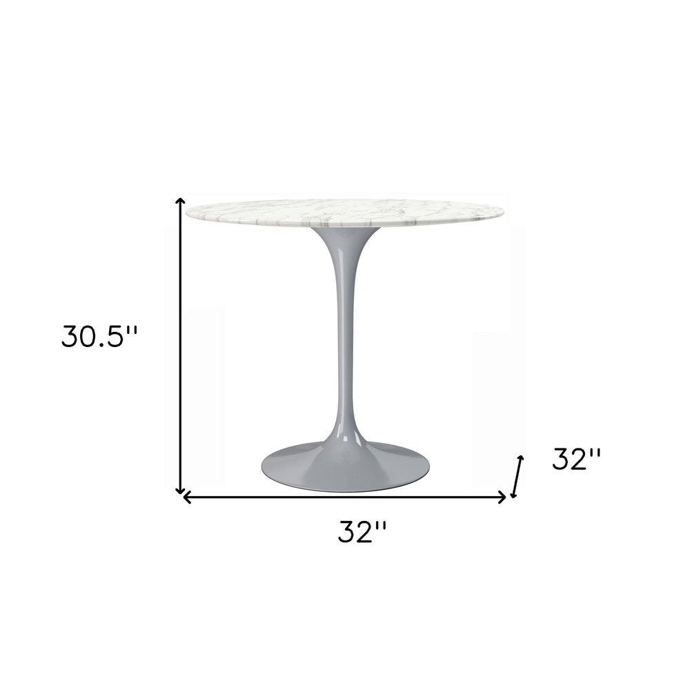32" White And Gray Rounded Stone And Metal Pedestal Base Dining Table HomeRoots