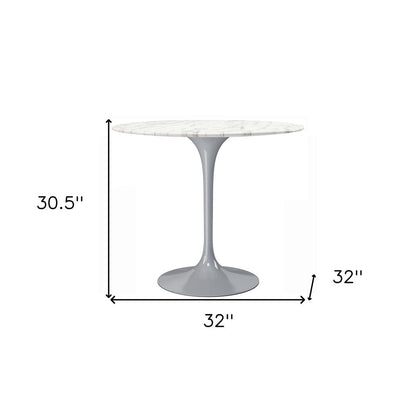 32" White And Gray Rounded Stone And Metal Pedestal Base Dining Table HomeRoots