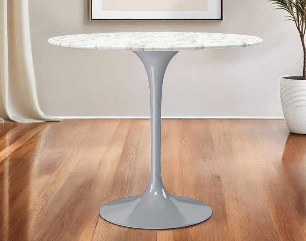 32" White And Gray Rounded Stone And Metal Pedestal Base Dining Table HomeRoots