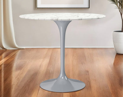 32" White And Gray Rounded Stone And Metal Pedestal Base Dining Table HomeRoots