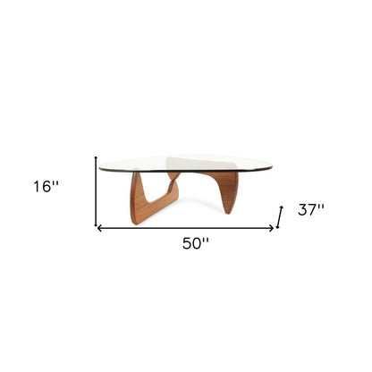 50" Clear And Brown Glass And Solid Wood Triangle Coffee Table HomeRoots