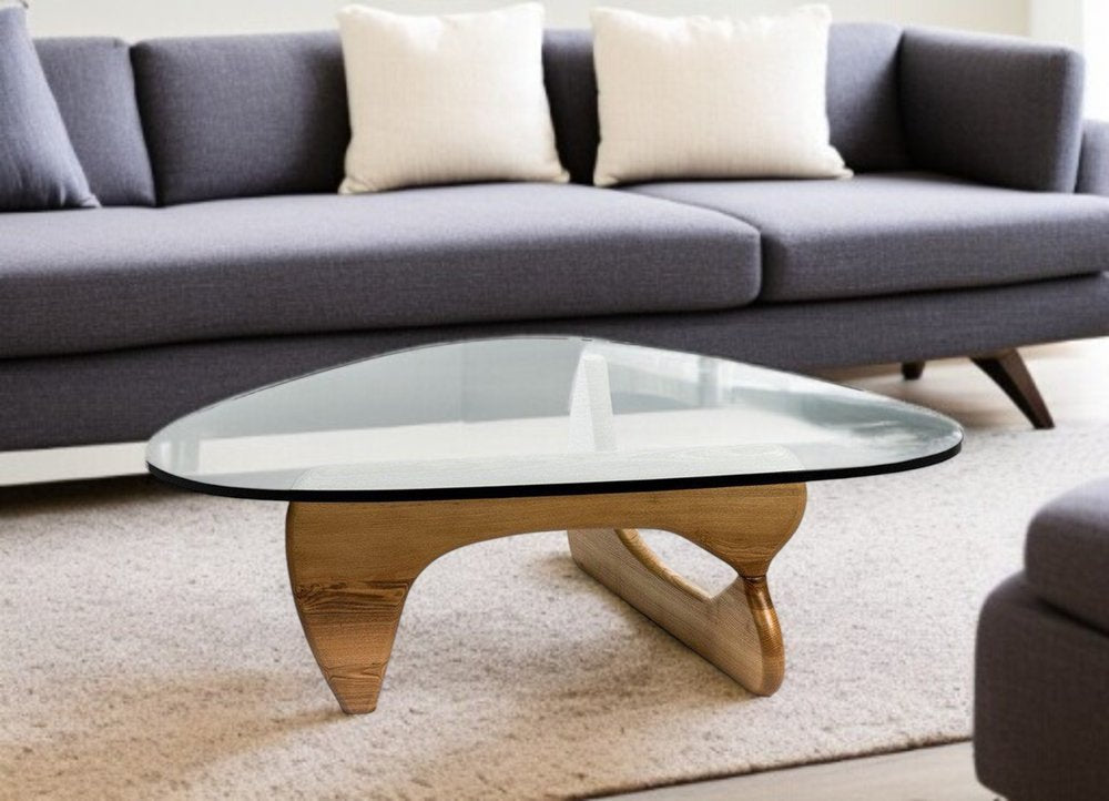 50" Clear And Brown Glass And Solid Wood Triangle Coffee Table HomeRoots