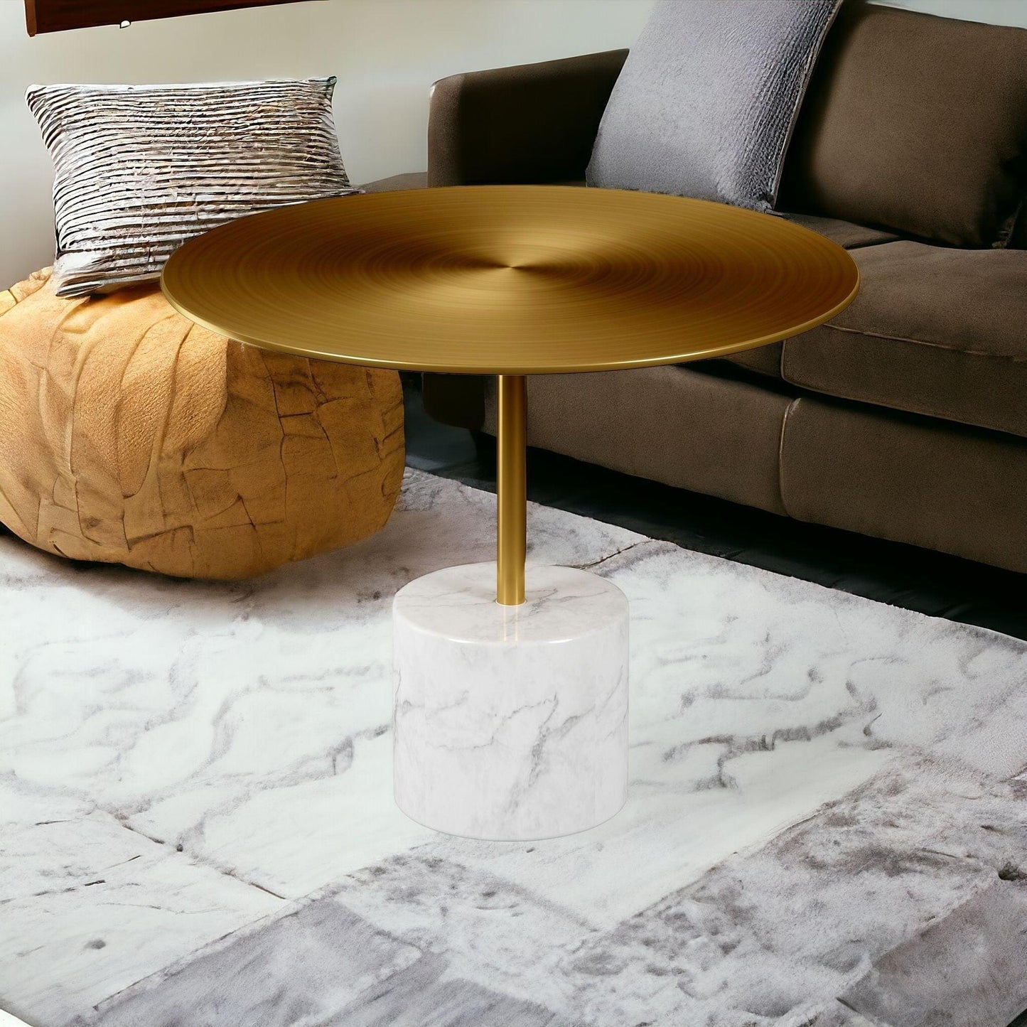 17" Gold And White Steel And Stone Round Coffee Table - FurniFindUSA