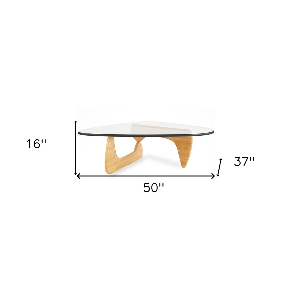 50" Clear And Natural Glass And Solid Wood Triangle Coffee Table HomeRoots