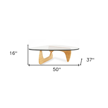 50" Clear And Natural Glass And Solid Wood Triangle Coffee Table HomeRoots
