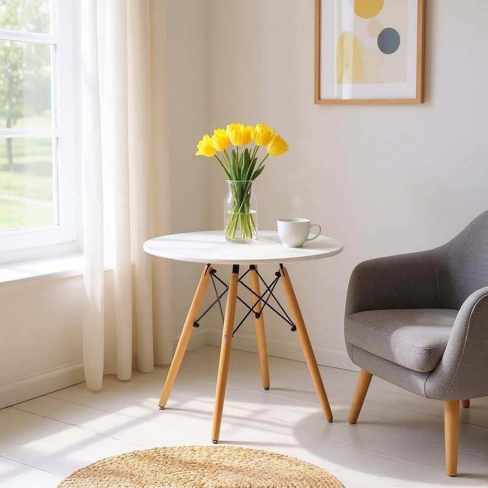 30" White And Natural Rounded Fiberglass And Solid Wood Dining Table HomeRoots