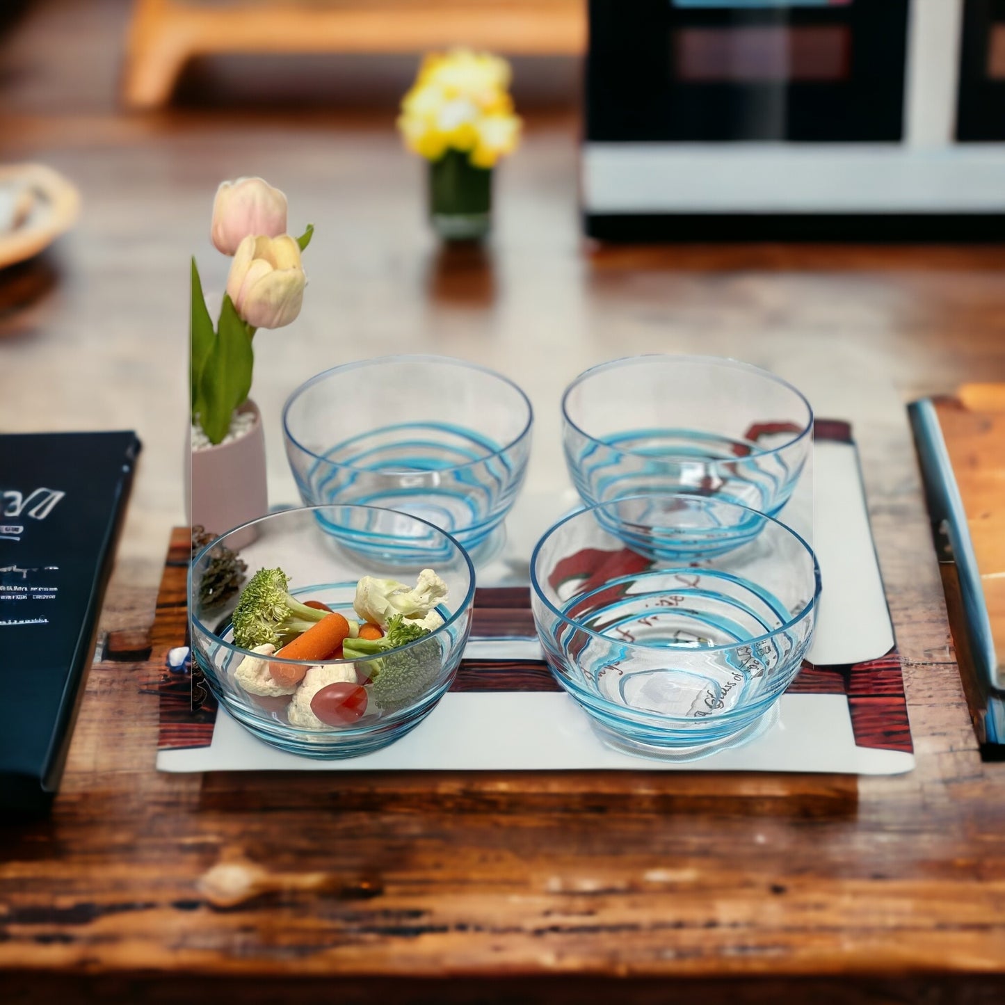 Clear and Blue Four Piece Swirl Acrylic Service For Four Bowl Set