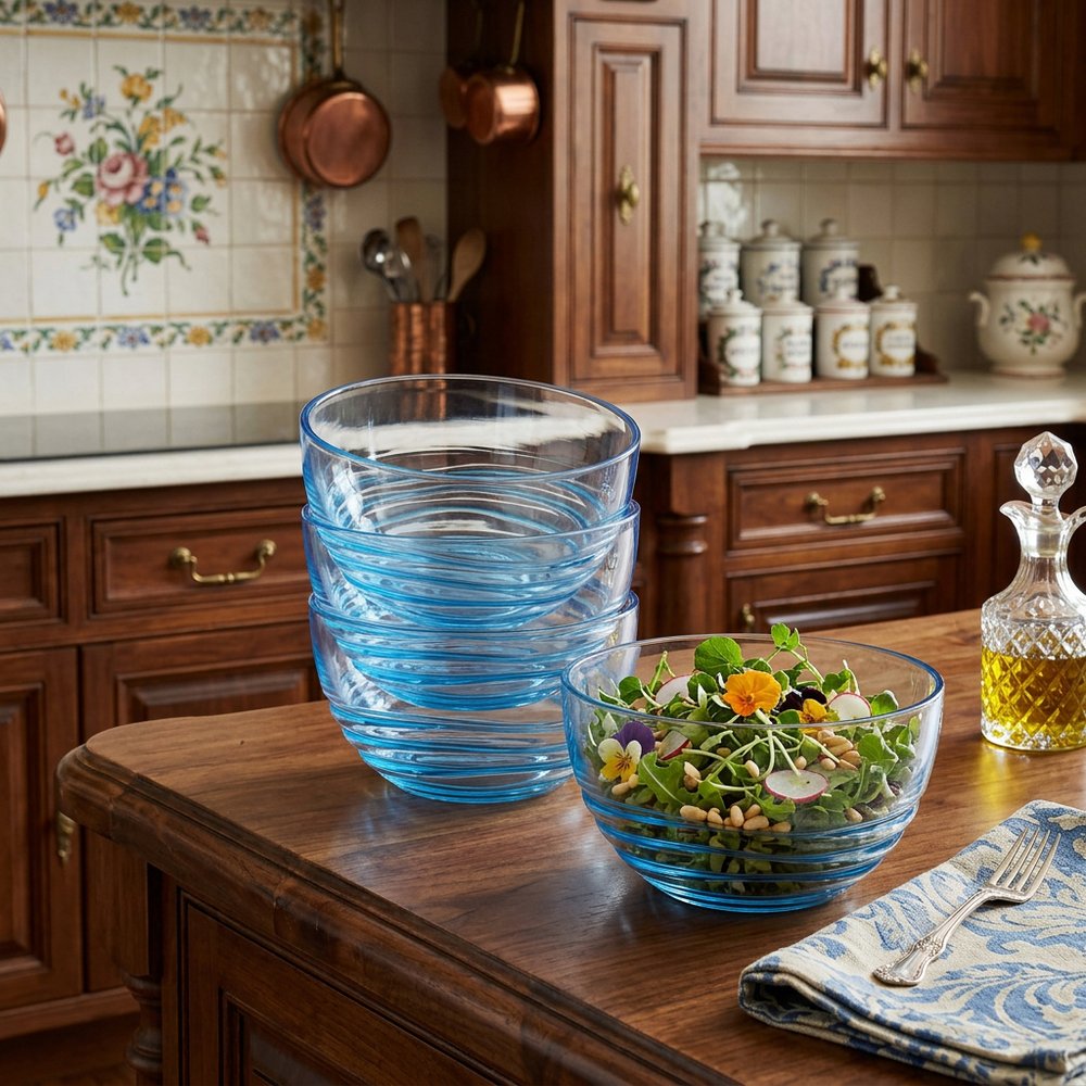 Clear and Blue Four Piece Swirl Acrylic Service For Four Bowl Set HomeRoots