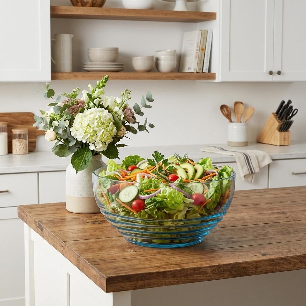 10" Clear and Blue Swirl Acrylic Round Salad Bowl HomeRoots