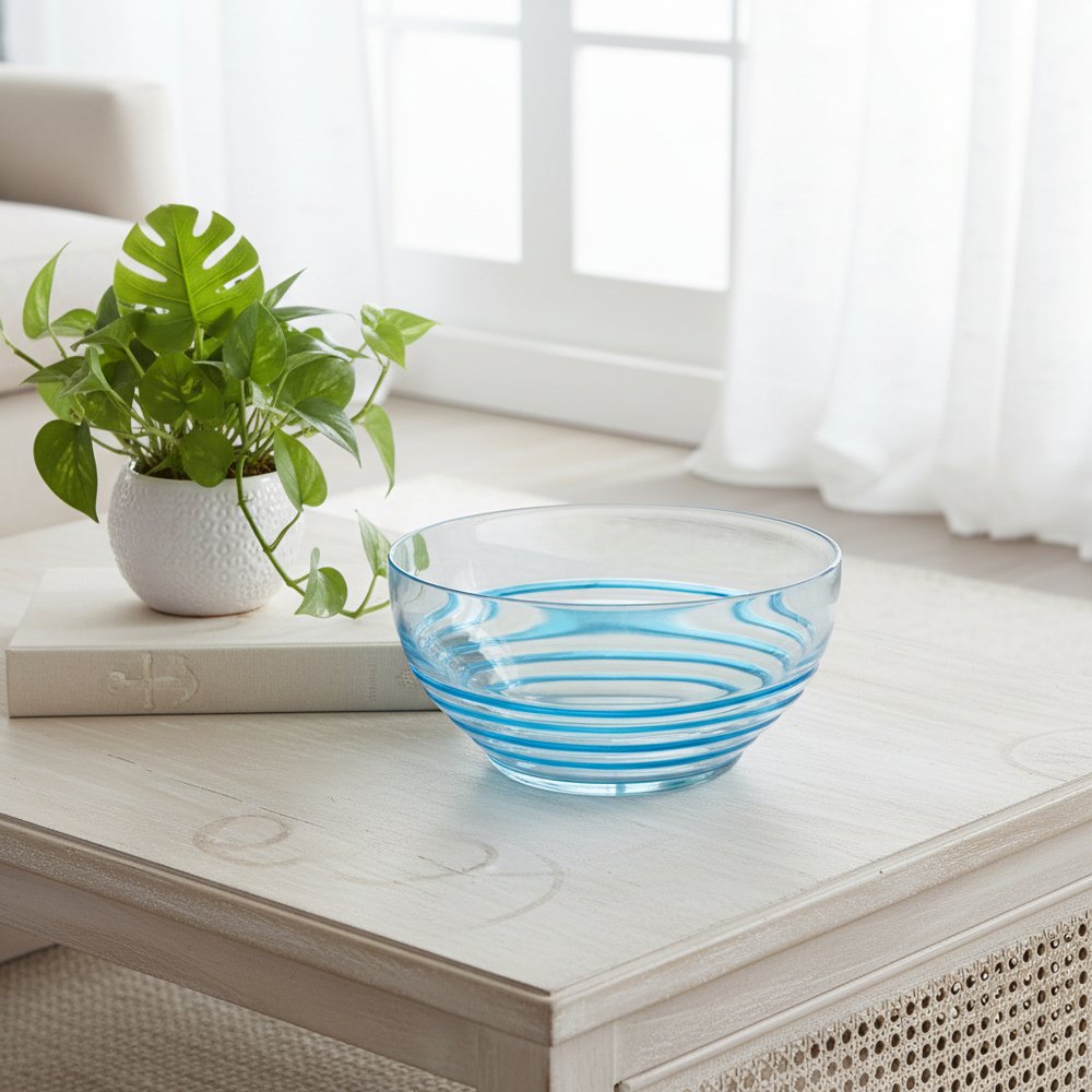 10" Clear and Blue Swirl Acrylic Round Salad Bowl HomeRoots