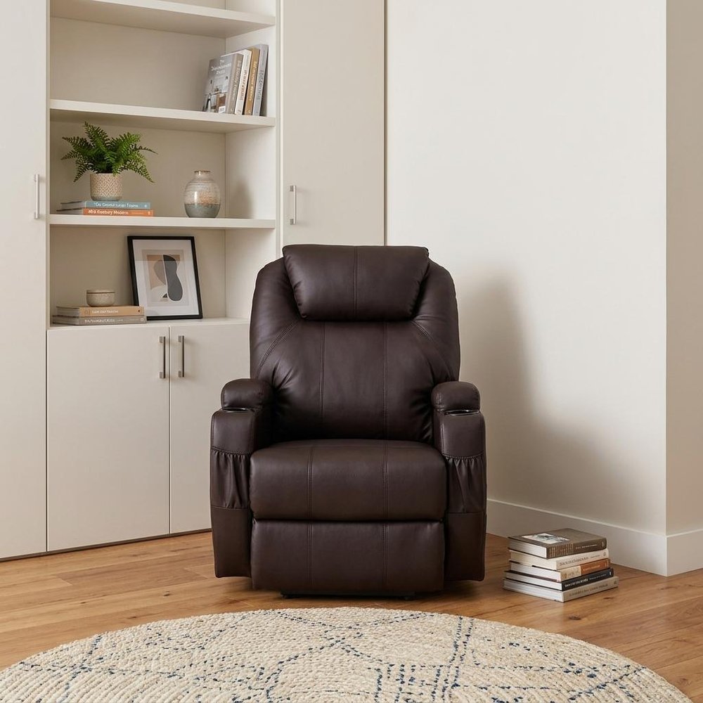33" Brown Faux Leather Power Heated Massage Lift Assist Recliner HomeRoots