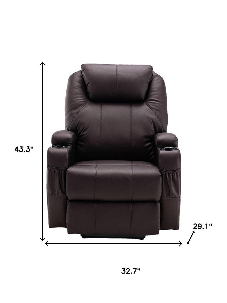 33" Brown Faux Leather Power Heated Massage Lift Assist Recliner HomeRoots