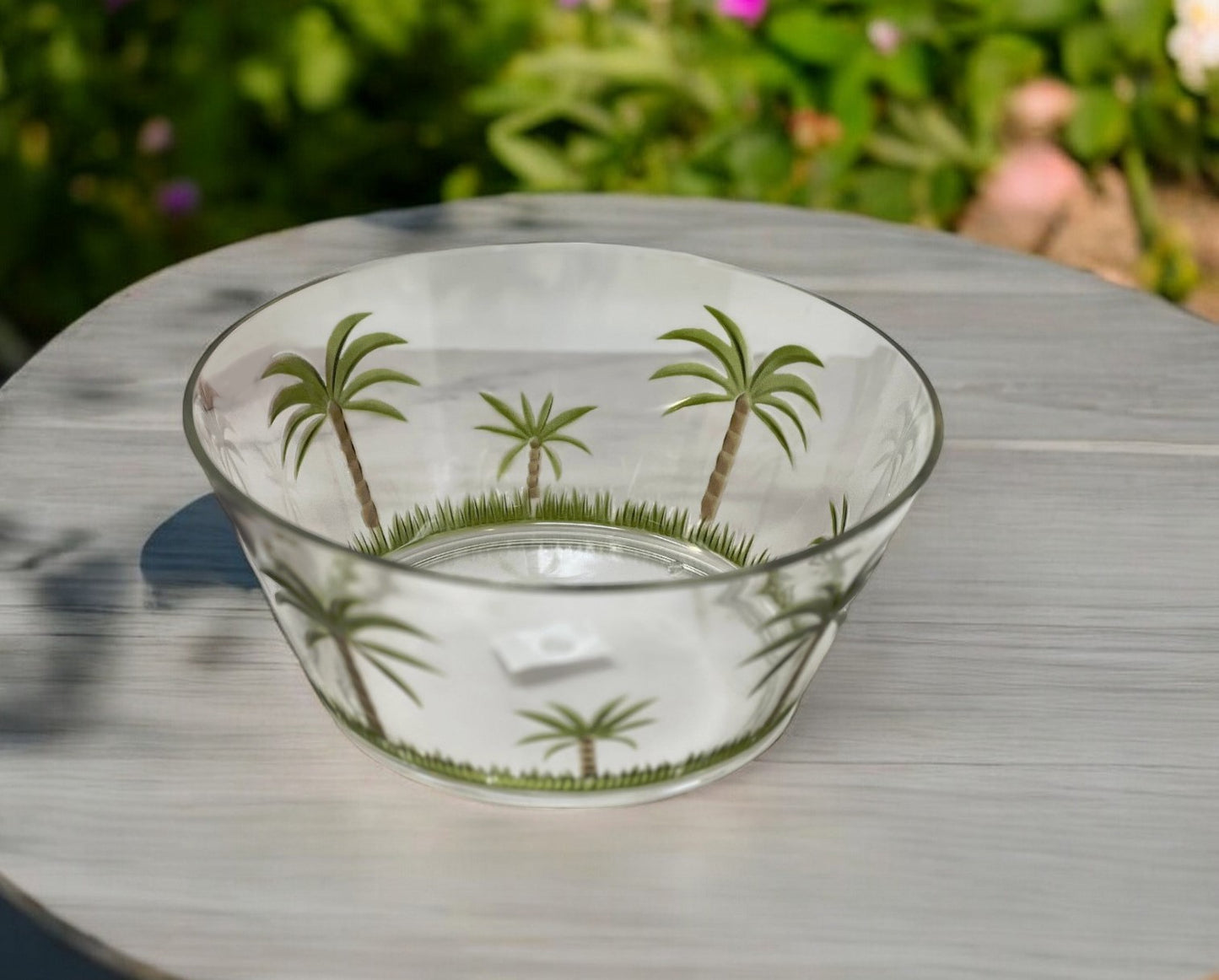 10" Clear and Green Palm Tree Acrylic Round Salad Bowl