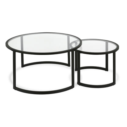 Set of Two 36" Black Glass And Steel Round Nested Coffee Tables