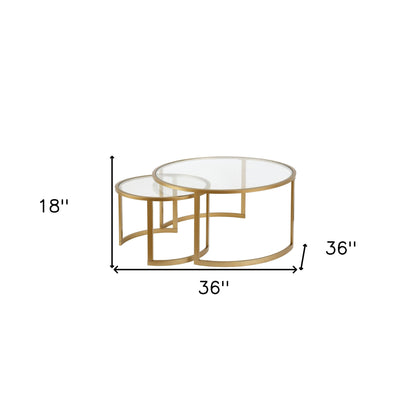 Set of Two 36" Gold Glass And Steel Round Nested Coffee Tables