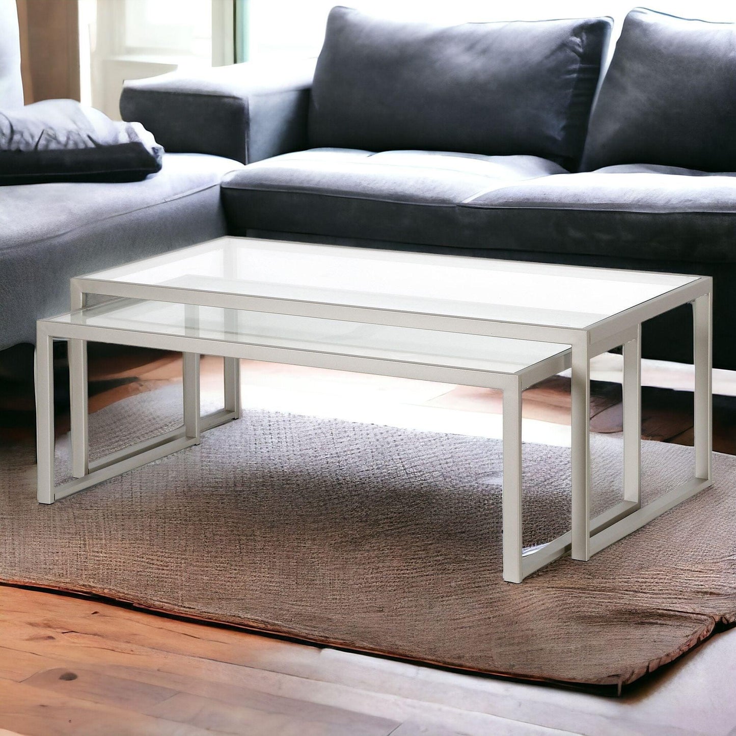Set of Two 46" Silver Glass And Steel Nested Coffee Tables - FurniFindUSA