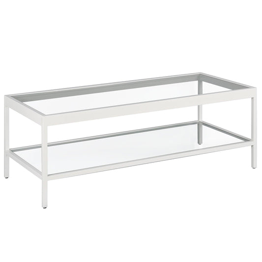 45" Clear Glass And White Steel Coffee Table With Shelf - FurniFindUSA