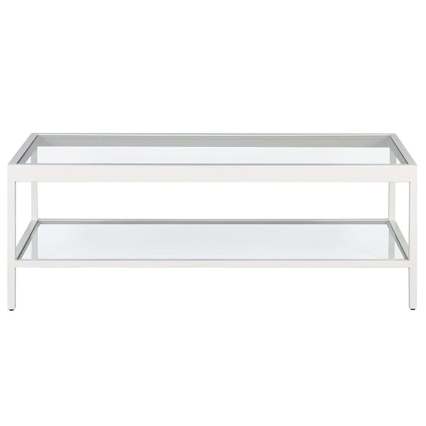 45" Clear Glass And White Steel Coffee Table With Shelf - FurniFindUSA