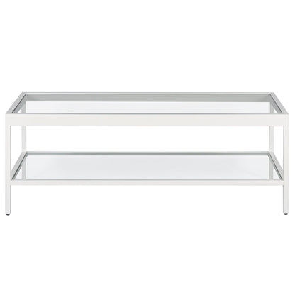 45" Clear Glass And White Steel Coffee Table With Shelf - FurniFindUSA