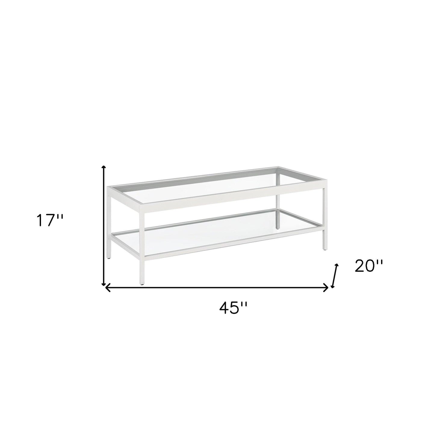 45" Clear Glass And White Steel Coffee Table With Shelf - FurniFindUSA