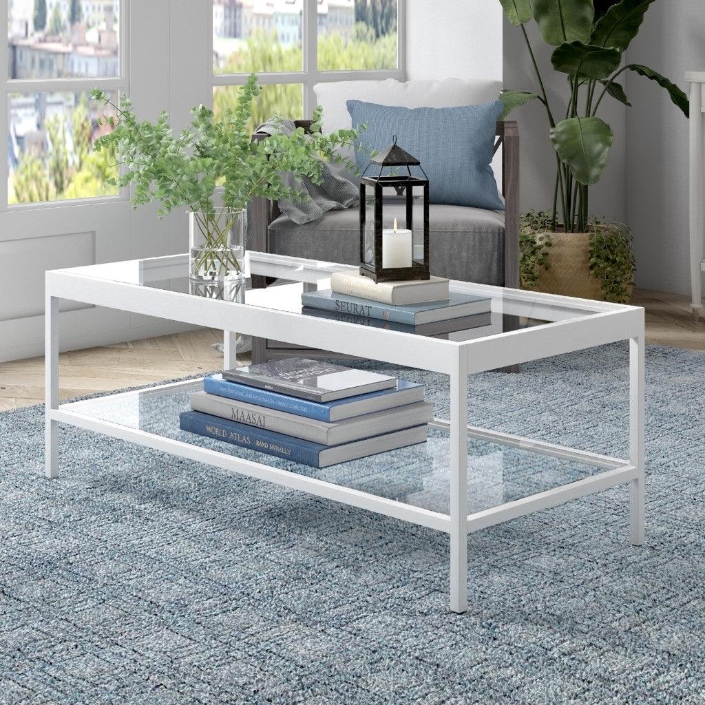 45" Clear Glass And White Steel Coffee Table With Shelf - FurniFindUSA