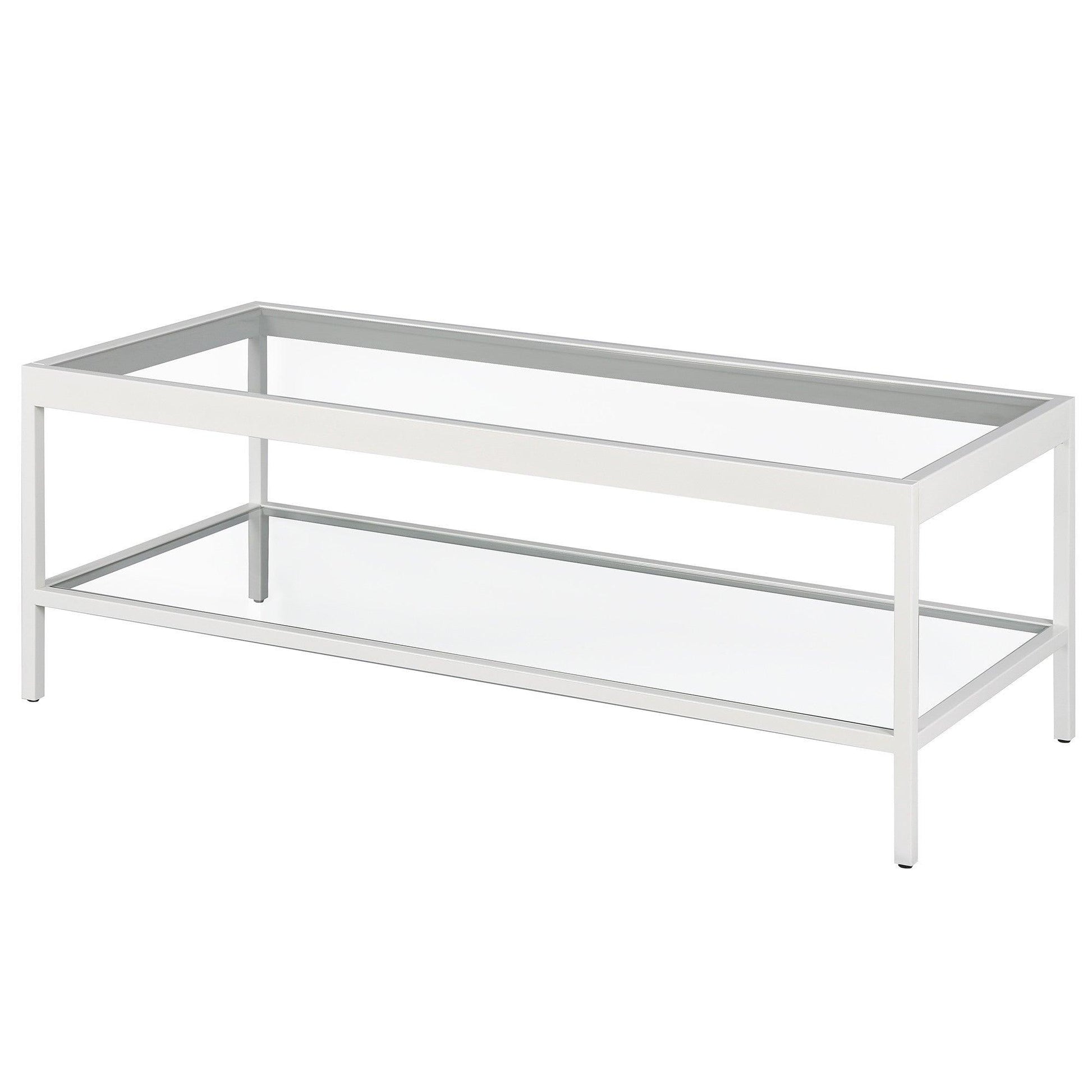 45" Clear Glass And White Steel Coffee Table With Shelf - FurniFindUSA