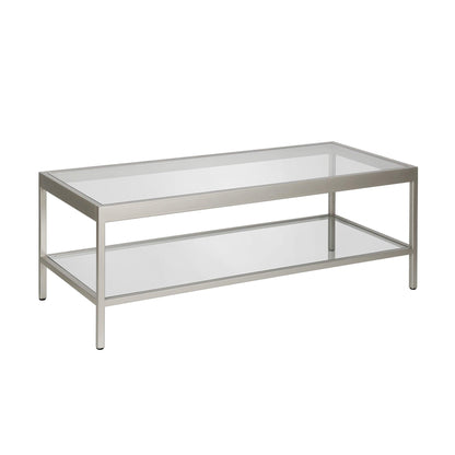 45" Clear Glass And Silver Steel Coffee Table With Shelf - FurniFindUSA