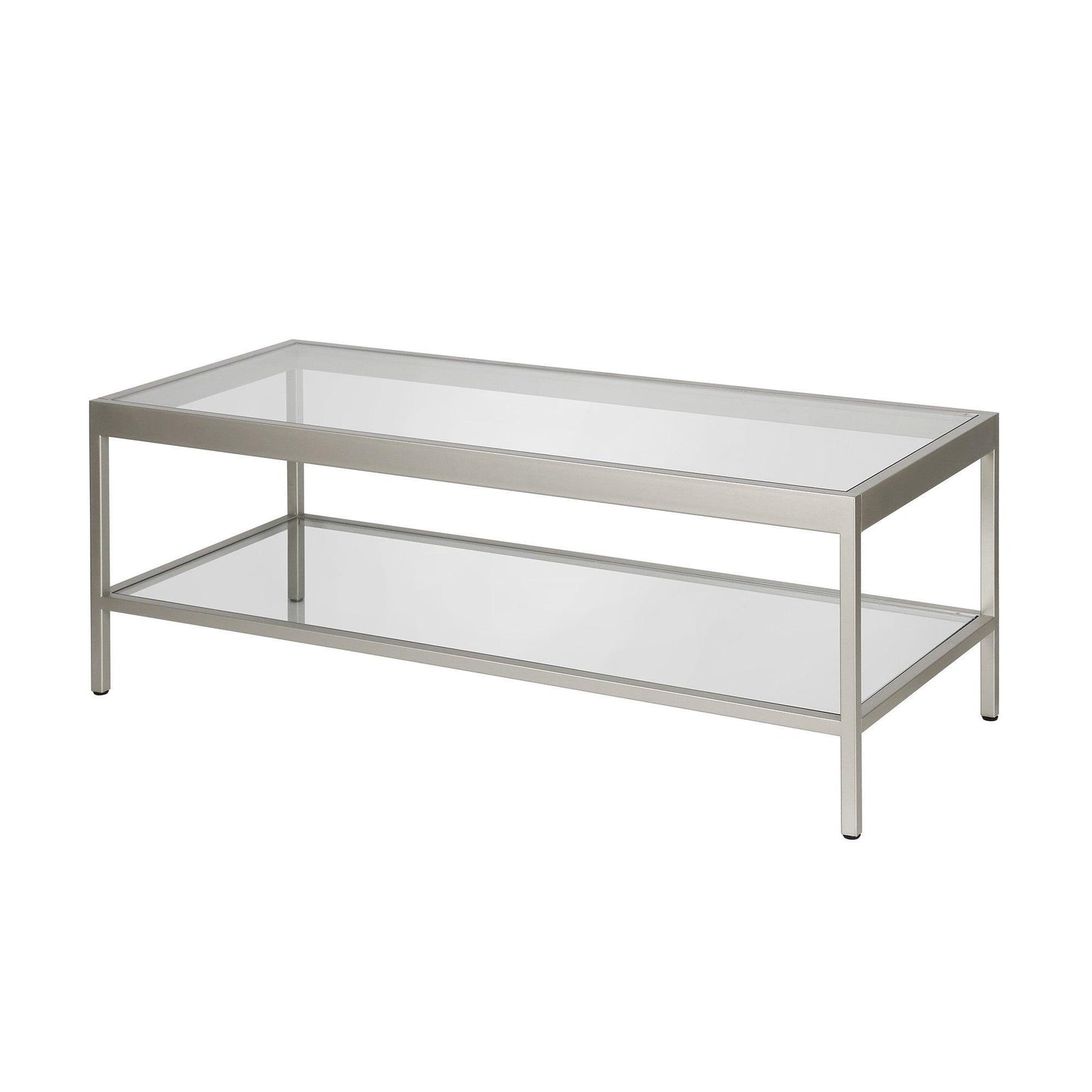 45" Clear Glass And Silver Steel Coffee Table With Shelf - FurniFindUSA