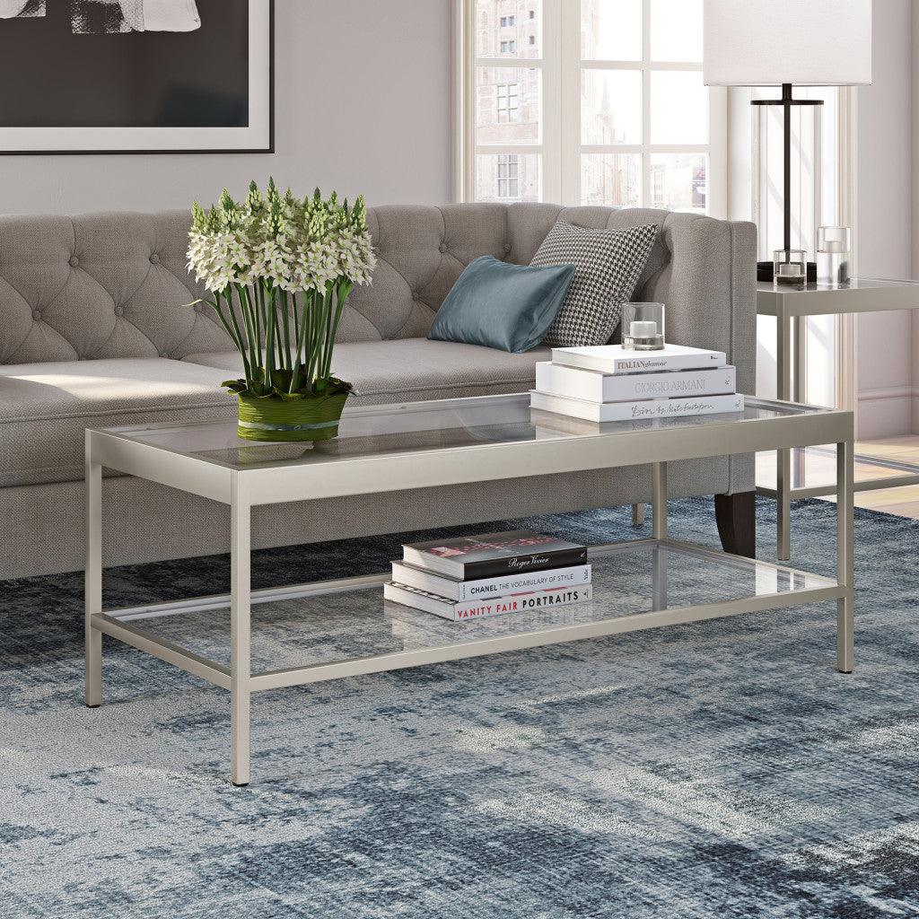 45" Clear Glass And Silver Steel Coffee Table With Shelf - FurniFindUSA