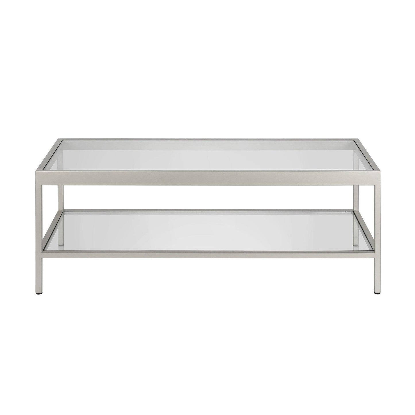 45" Clear Glass And Silver Steel Coffee Table With Shelf - FurniFindUSA