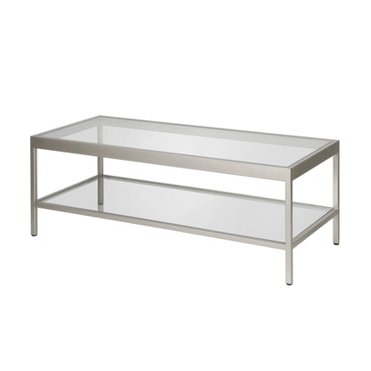 45" Clear Glass And Silver Steel Coffee Table With Shelf - FurniFindUSA