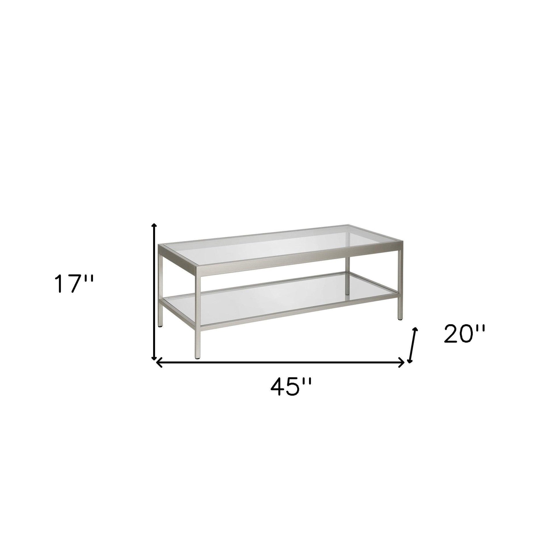 45" Clear Glass And Silver Steel Coffee Table With Shelf - FurniFindUSA