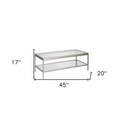 45" Clear Glass And Silver Steel Coffee Table With Shelf - FurniFindUSA