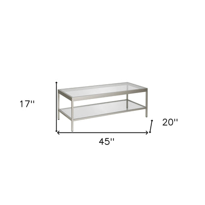 45" Clear Glass And Silver Steel Coffee Table With Shelf