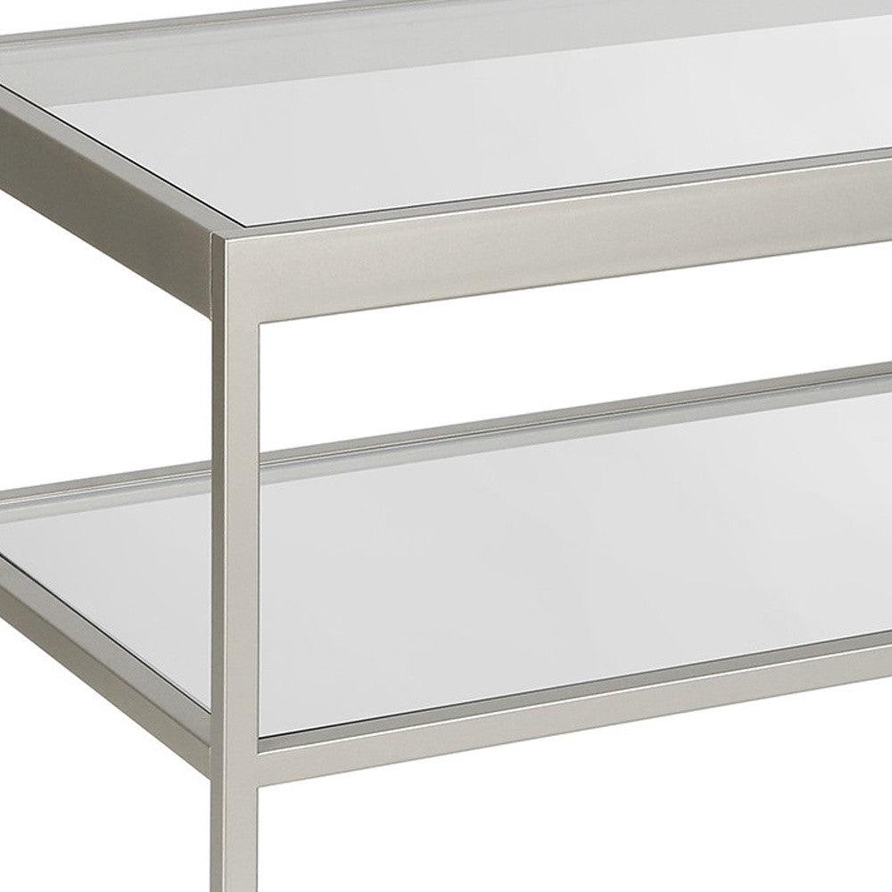 45" Clear Glass And Silver Steel Coffee Table With Shelf - FurniFindUSA