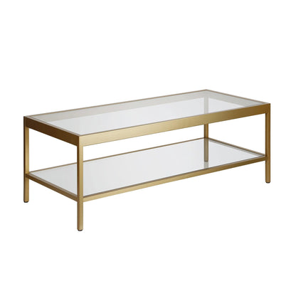 45" Clear Glass And Gold Steel Coffee Table With Shelf - FurniFindUSA